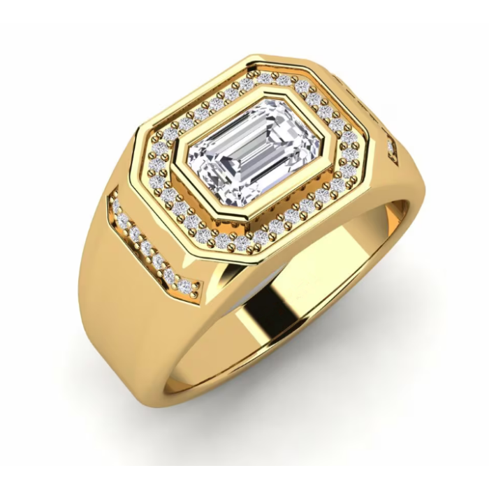Anillo de sello de diamantes de laboratorio para hombre con halo de talla esmeralda en una vista de tres cuartos