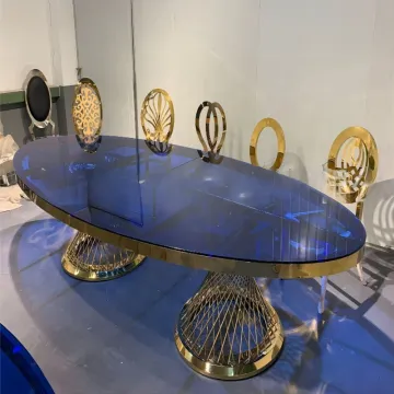 Oval Stainless Steel Wedding Table with Blue Glass