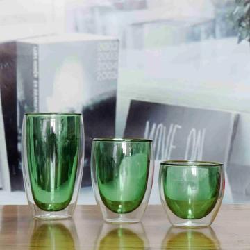 Green Color Double Wall Glass Coffee Cup