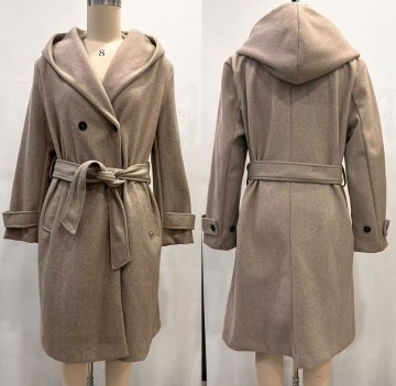 Beige Women's Coat with Belt and Hoodie
