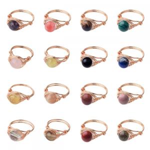 Natural Stone 10MM Round Beads Ring Gemstone Ball Wire Wrapped Handmade Wedding Ring Crystal Wedding Rings for Women Anniversary