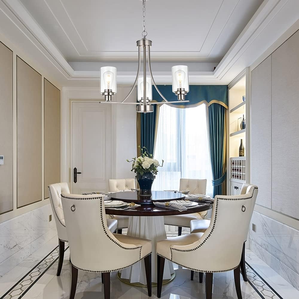 Contemporary Chandelier 3 Light Brushed Nickel Modern Lighting Fixtures Hanging Clear Glass Shades Pendant Light (4)
