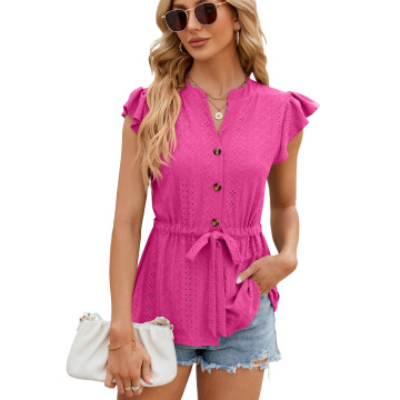Spring and Summer Women's Solid Color Button Lace-up Loose T-shirt Top Cardigan Shirt