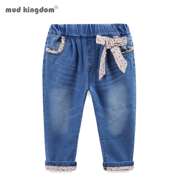 Mudkingdom Girls Jeans 2020 Fashion Floral Ribbon Bow Cotton Long Pants Children Trousers for Girls