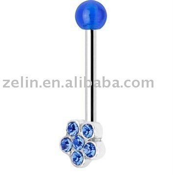 Blue Gem Flower Eyebrow Ring with Acrylic Ball Body Jewelry
