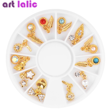 12pcs Nail Art Metal Feather Charm Gold Pendant Tassel Rhinestone Decoration 3D Jewelry Diamond Manicure In Wheel Accessories