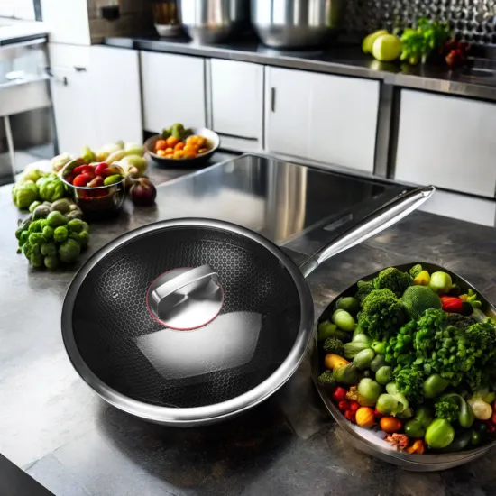 304 Stainless Steel Reusable Non-Stick Honeycomb Wok Skillets and Frying Pan with Glass Lid