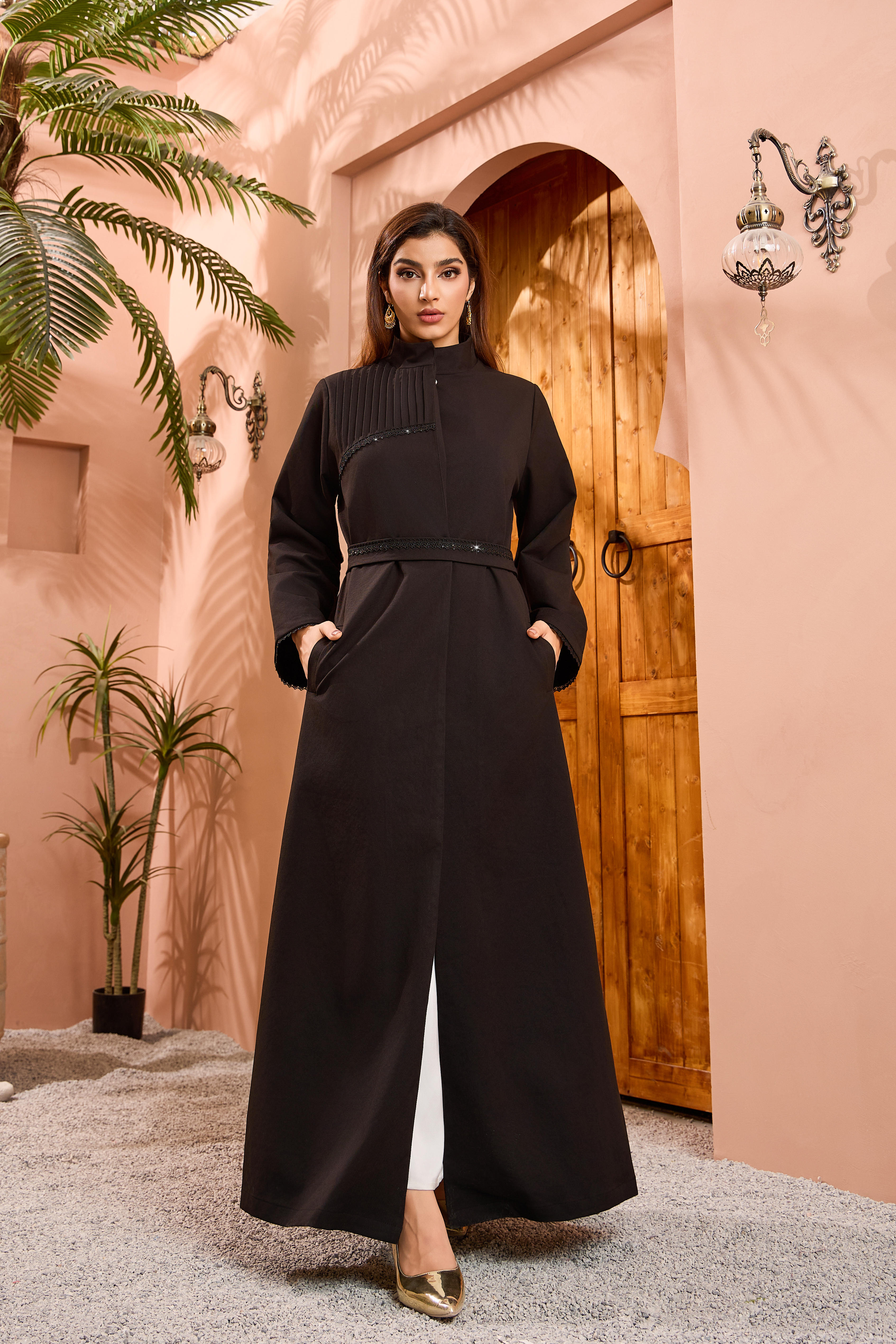 black stand collar embroidered coat abaya model styling view 04