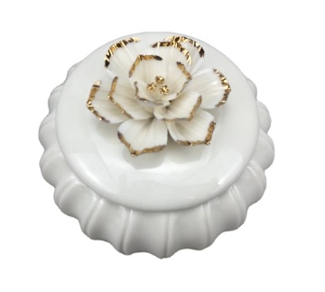 White Ceramic Jewelry Case with Handcrafted Gold Edge and Floral Lid for Weddings & Anniversaries