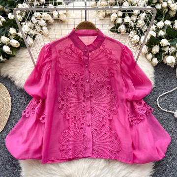 LW0372 French 2025 Lantern Sleeve Lace Blouse