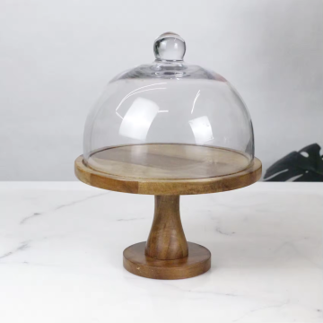 Acacia Wood Footed Round Cake Stand with Glass - Snack and Bread Serving Plate