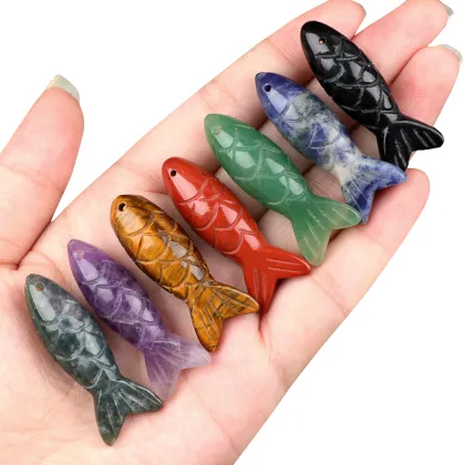 Gemstone Craving Fish Pendant Natural Stone Handmade Craved Fish Pendant (15X40MM) Crystal Fish Charm Pendant for Diy Jewelry