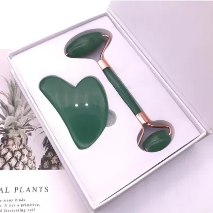 Jade Roller, Gua Sha, and Eye Massager Set for Warm and Cool Facial Massage