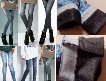 Female Skinny Print Small Nap Warm Faux Denim Jeans Legging 9019