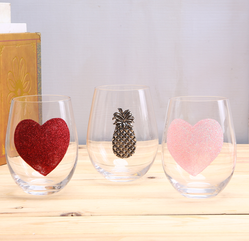 Br 9984 2colored Glitter Heart Stemless Wine Glasses