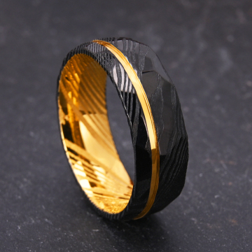 8mm Diamond Hammer Damascus Steel Ring - Black and Yellow Gold, Two Tone Domed Brushed Polished Comfort Fit
