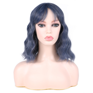 Hot sell astel Wavy Wig With Air Bangs Women's Short Bob Pink Wig Curly Wavy Shoulder Length Pastel Bob Synthetic Cosplay Wig