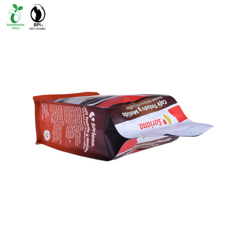 Borsa da caffè con fondo quadrato in plastica di amido di mais con stampa personalizzata con cerniera e valvola compostabili
