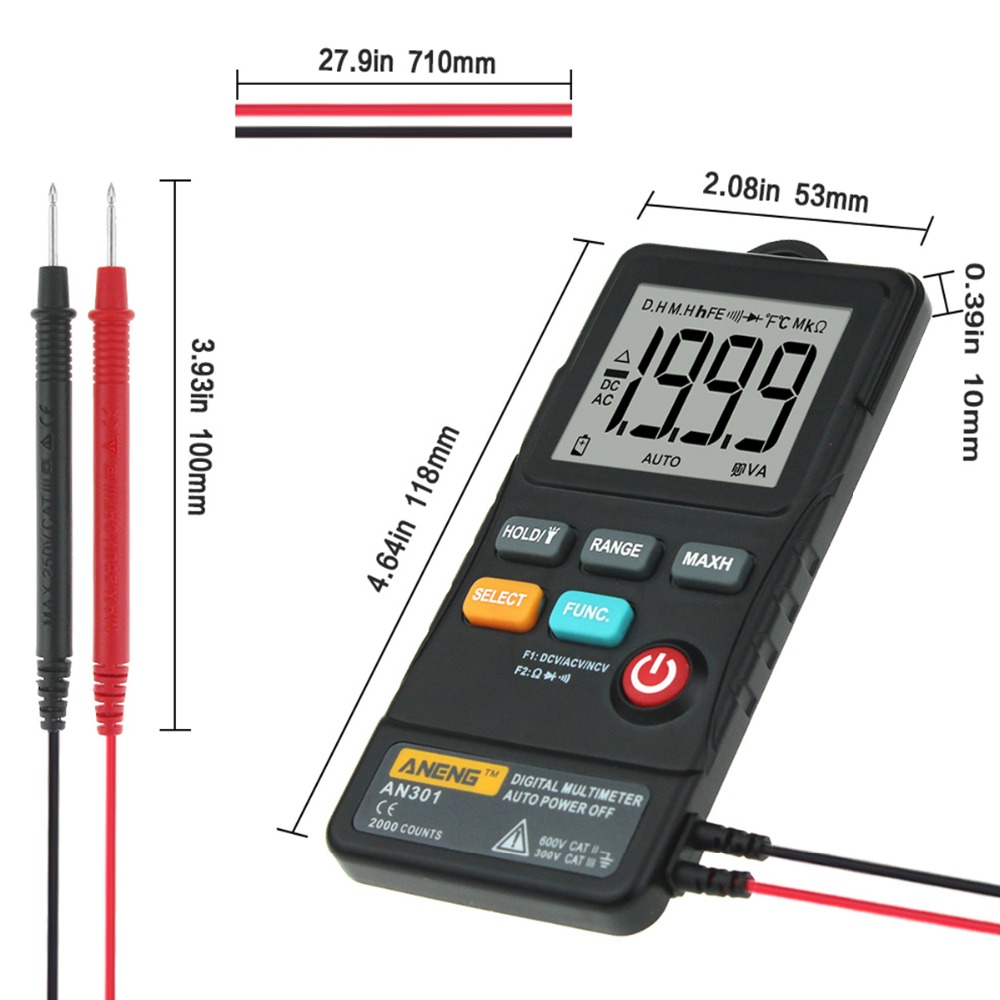 AN301 Mini Digital Multimeter LED Light 1999 Counts AC DC Voltmeter Ohm Voltage Frequency Meter Tester Measure Tools