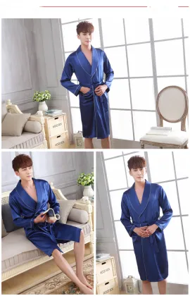 Men's long faux silk robe nightgown sleepwear