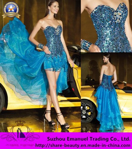 New Arrival 2014 Blue Hi Lo Evening Cocktail Prom Dresses Sequins Ruffles Fashion