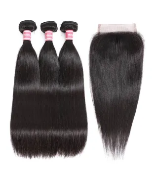 Peruvian Hair Straight Hair Bundles with Closure Remy Human Hair Weave Bundles With Closure Natural Color