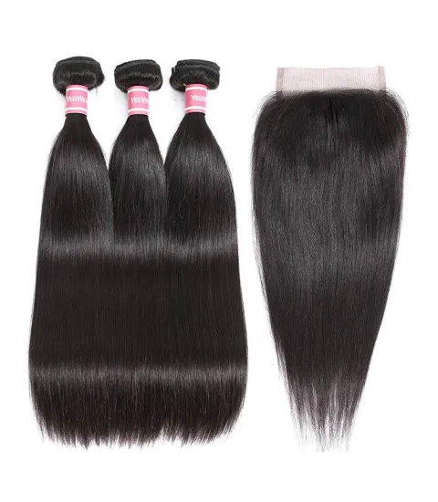 Peruvian Hair Straight Hair Bundles with Closure Remy Human Hair Weave Bundles With Closure Natural Color