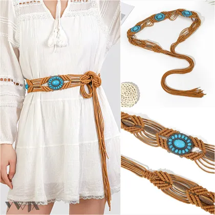 Boho Blue Turquoise Waist Rope with Handmade Tassels