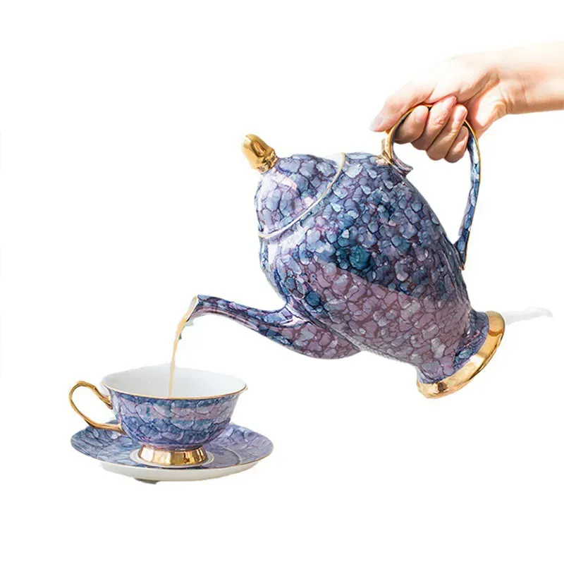 European Bone China Tea Set with Gemstone Blue and Pink Ceramic 15-Piece Coffee Cup Set