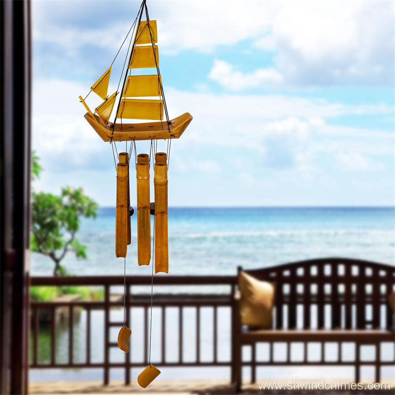 Wooden Outdoor Chimes with a Sailing Boat Design