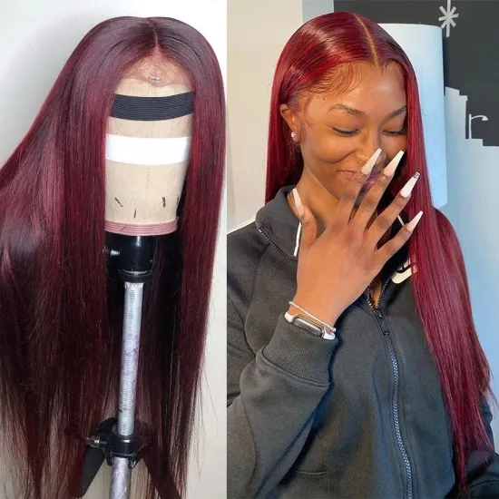 Brazilian 99J Bone Straight Human Hair Wine Red Transparent Lace Closed 13X4X1Straight Lace Former Human Hair Wig Remy Wholesale
