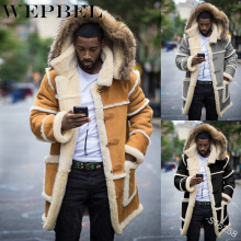 WEPBEL Men Casual Fur Hooded Coat Patchwork Fur Parka Faux Fur Lining Warm Jackets Men Long Winter Jacket Outwear