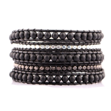 Bracciale avvolgente in pelle di perline nero opaco nero opaco