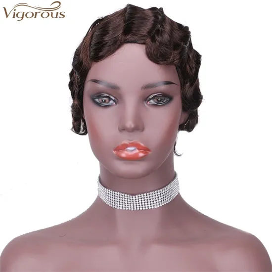 Vigorous Wholesale Price Top Quality Real Human Hair Finger Wave Wig Pixie Cut 4# Short Curly Wigs for African American Women