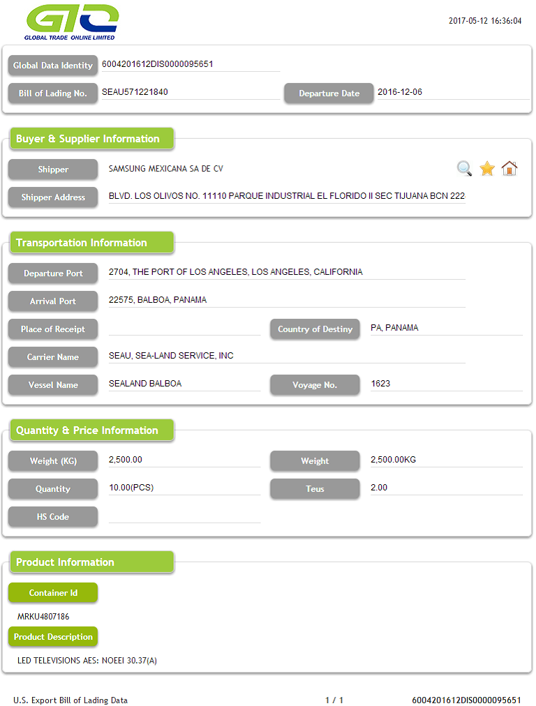 Dados de B/L de Exportação dos EUA