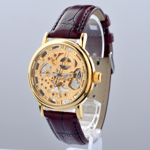 Casual mens leather strap skeleton wrist watch