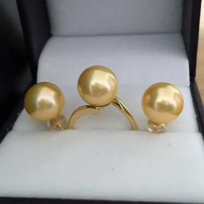 AAA 10-11MM 18K gold natural seawater pearl ring earrings Nanyang Golden Pearl PJS019