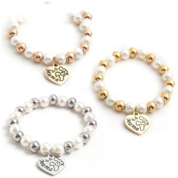 Iywu Aceon Stainless Steel Handmade Metal Bead Fresh Pearl Elastic Band Personalized Mama Heart Charm Bracelet