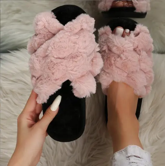 Plush Cotton Fluffy Furry Slippers for Women - Pink Indoor Home Fashion