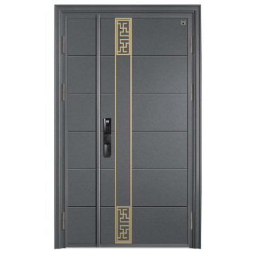 Puerta de entrada de aluminio minimalista de oro negro con montura de oro