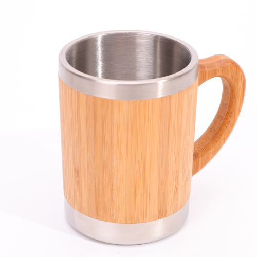 Taza de café de acero inoxidable de bambú 300ml con tapa