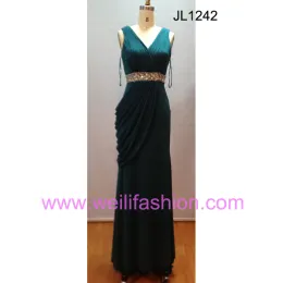 Long Pleated Beading Crystal Hemp Evening Dresses