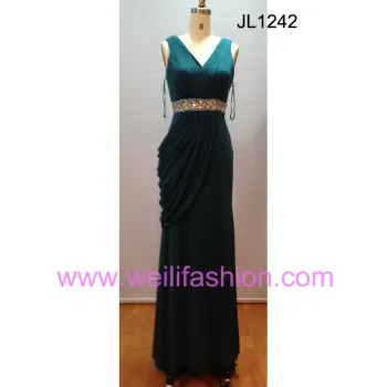 Long Pleated Beading Crystal Hemp Evening Dresses