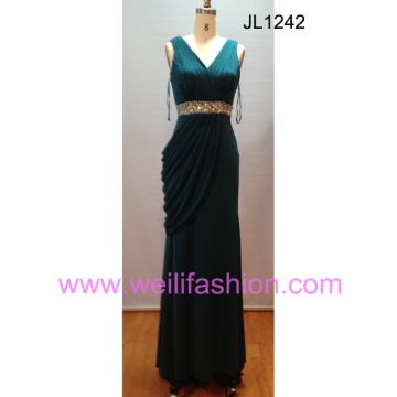 Long Pleated Beading Crystal Hemp Evening Dresses