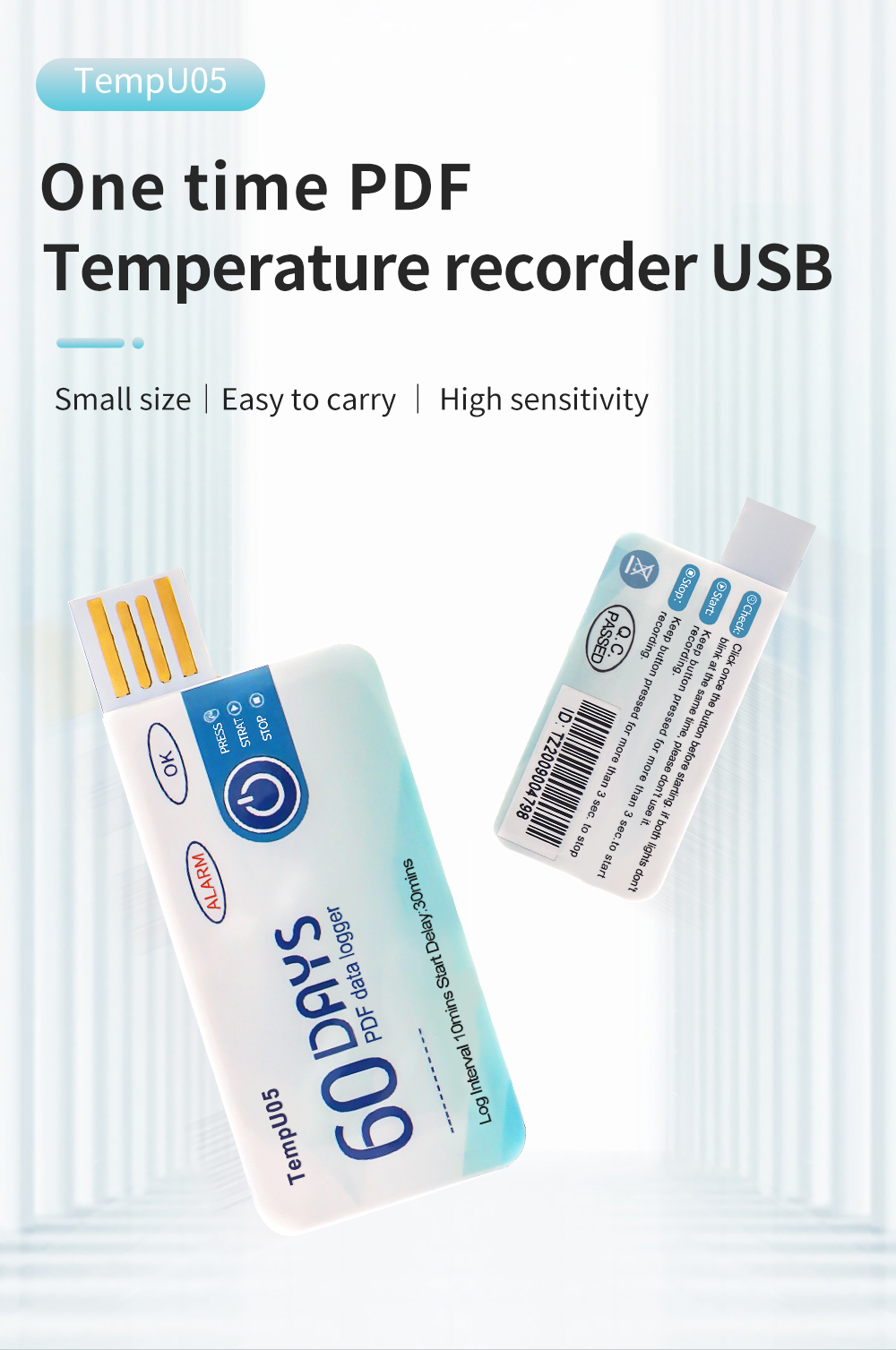 Temperature single use data logger with PDF report