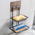 Black Metal Self-Adhesive Double Layer Soap Dish for Bathroom