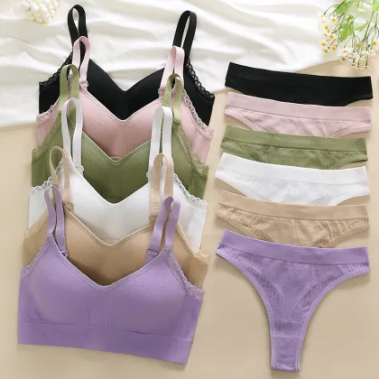 Wholesale Lace Bra Temptation Fixed Cup Bra Thong Set
