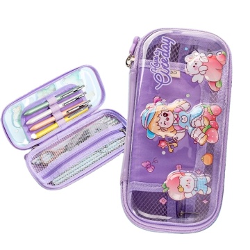 Deli BC308 Purple Puff Girl Clear Double Layer Pencil Case for Elementary School Students