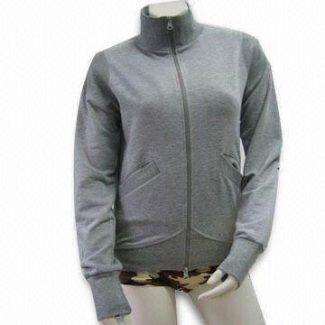 Women's Cotton Zip Hoody with Applique Embroidery Patch, Rib Cuff and Bottom Hem, Keeps Warmer