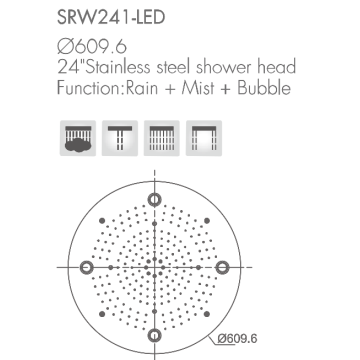 24 &quot;Multifunktions takmonterad duschhuvud med LED / Rain + Mist + Bubble-funktion